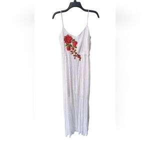 Say What? White Maxi Boho Festival Brunch Dress with Red Floral Embroidery XL